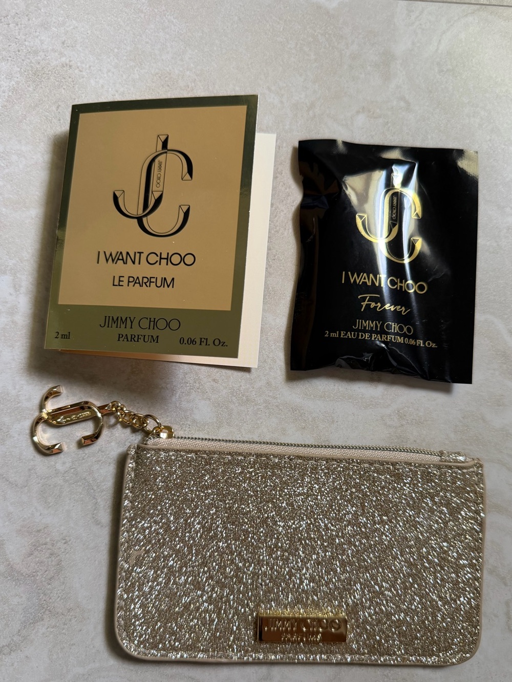Jimmy Choo Sample Set with Gold-Tone Zip Pouch and Perfume Vials